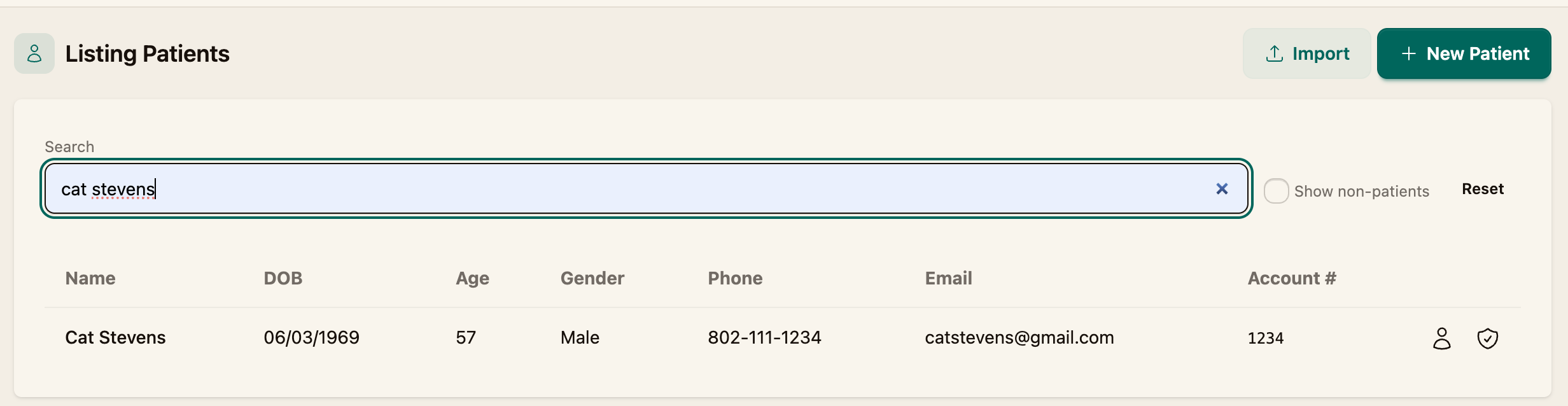 The Patients list with the + New Patient and Import buttons