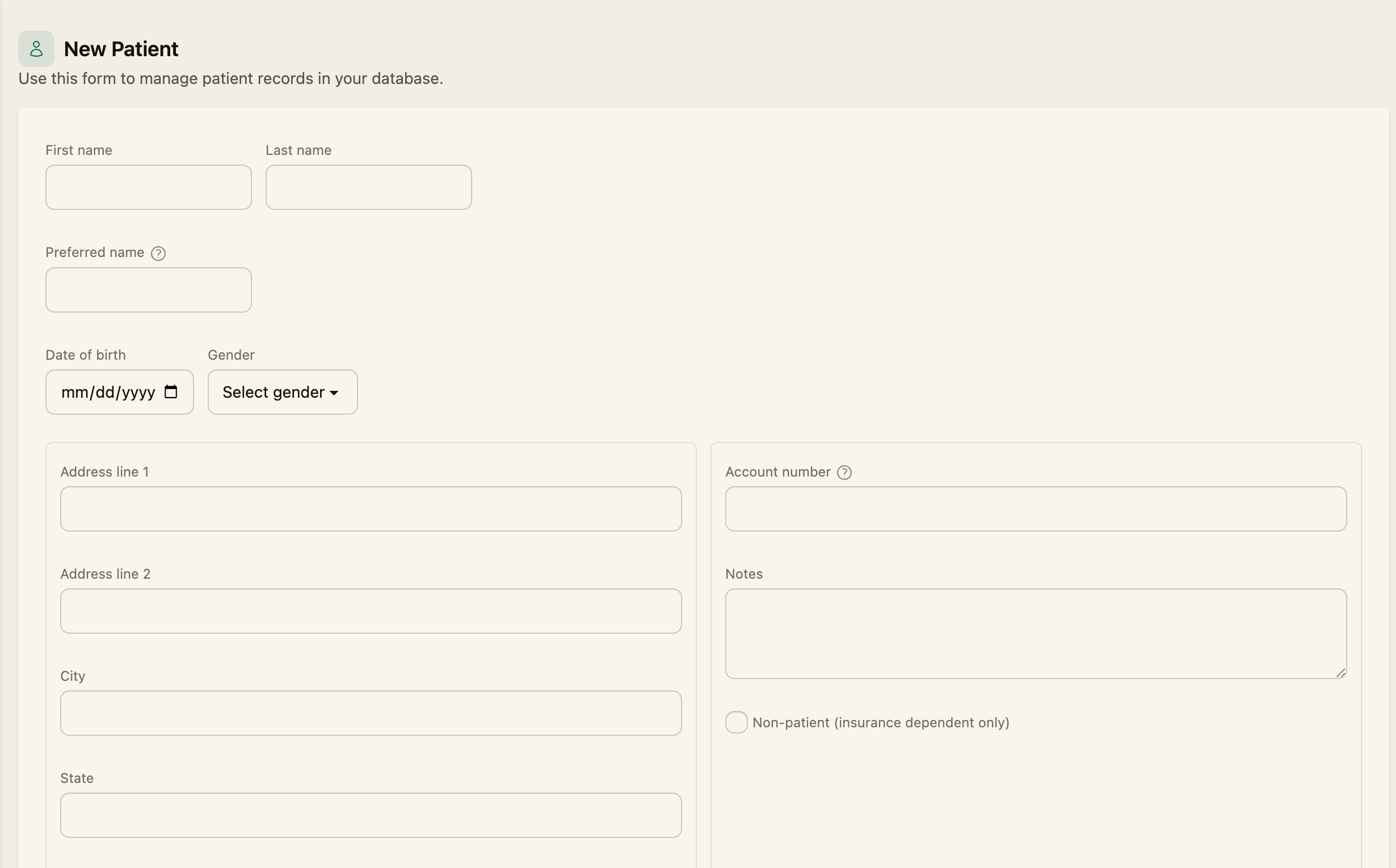 The New Patient form fields