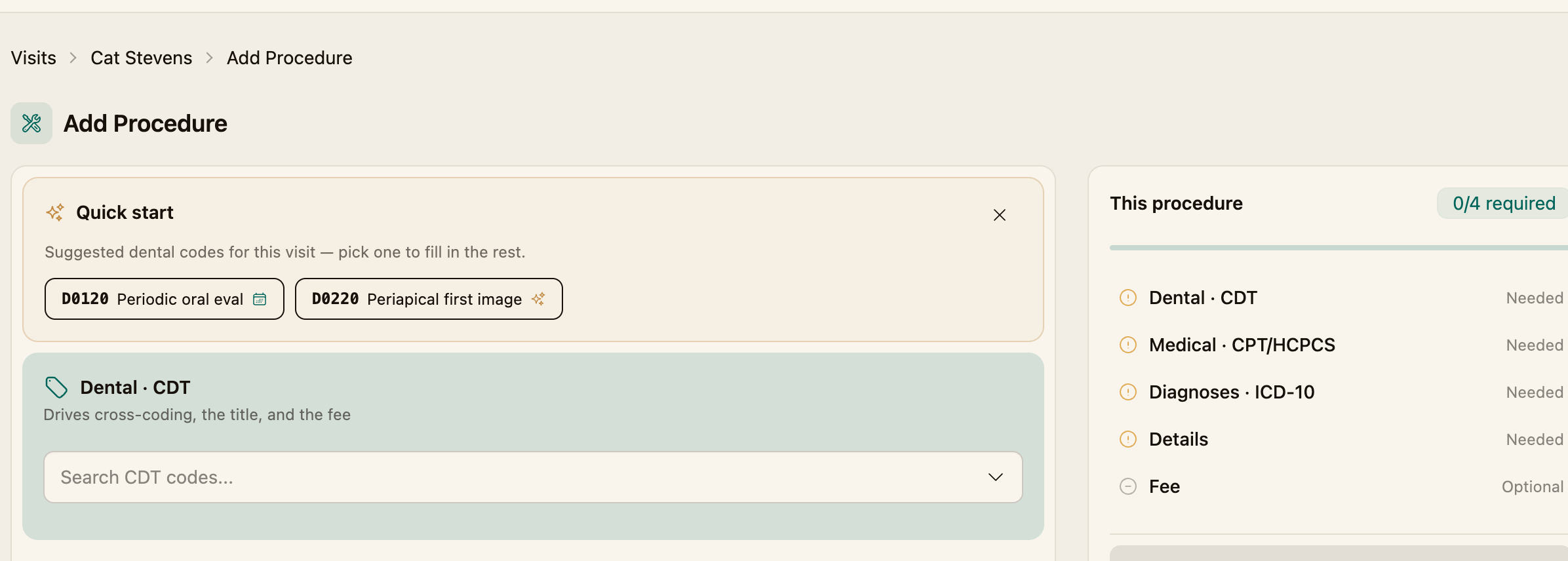 The Quick start suggestions at the top of the Add Procedure form