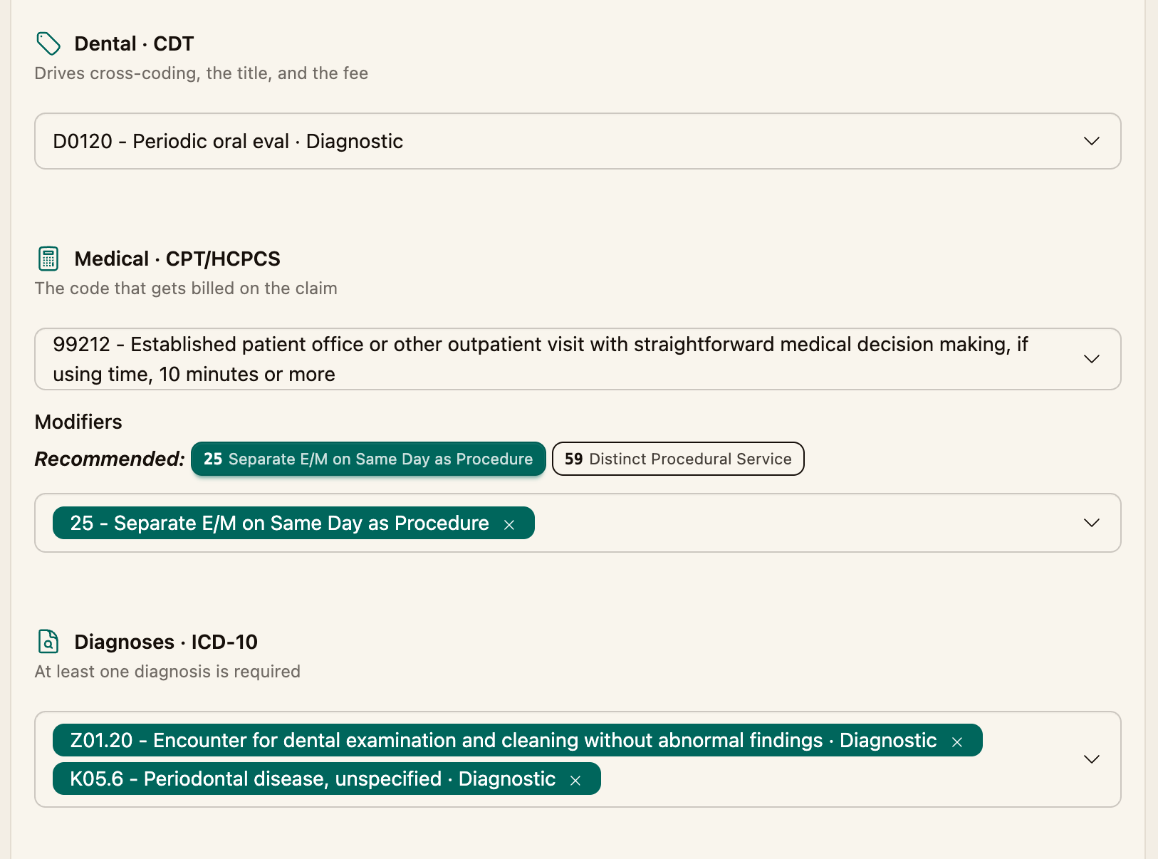 The CDT, CPT/HCPCS, and ICD-10 search fields