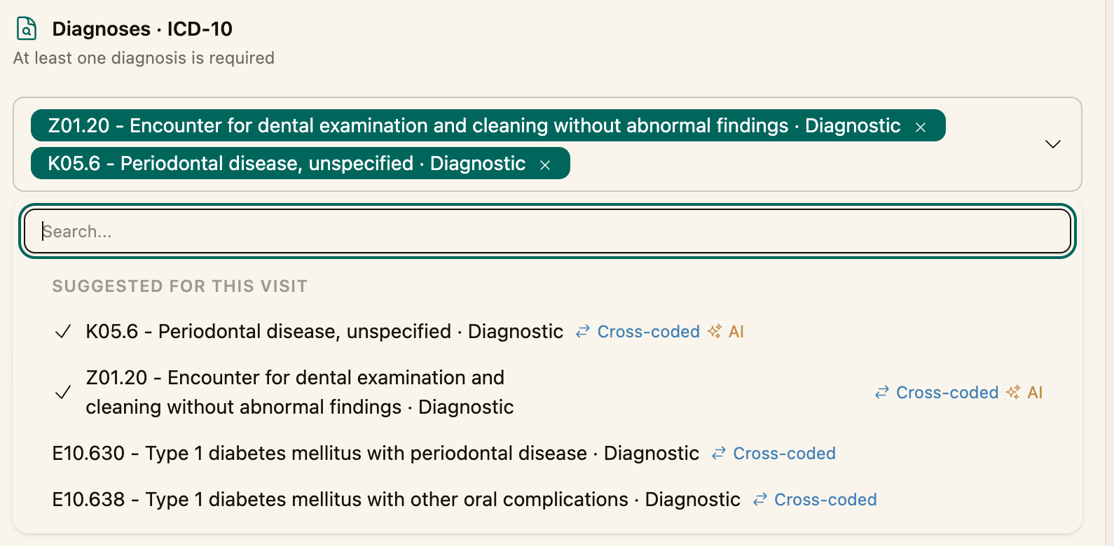 The CDT, CPT/HCPCS, and ICD-10 search fields with cross-coded/ai-suggestions