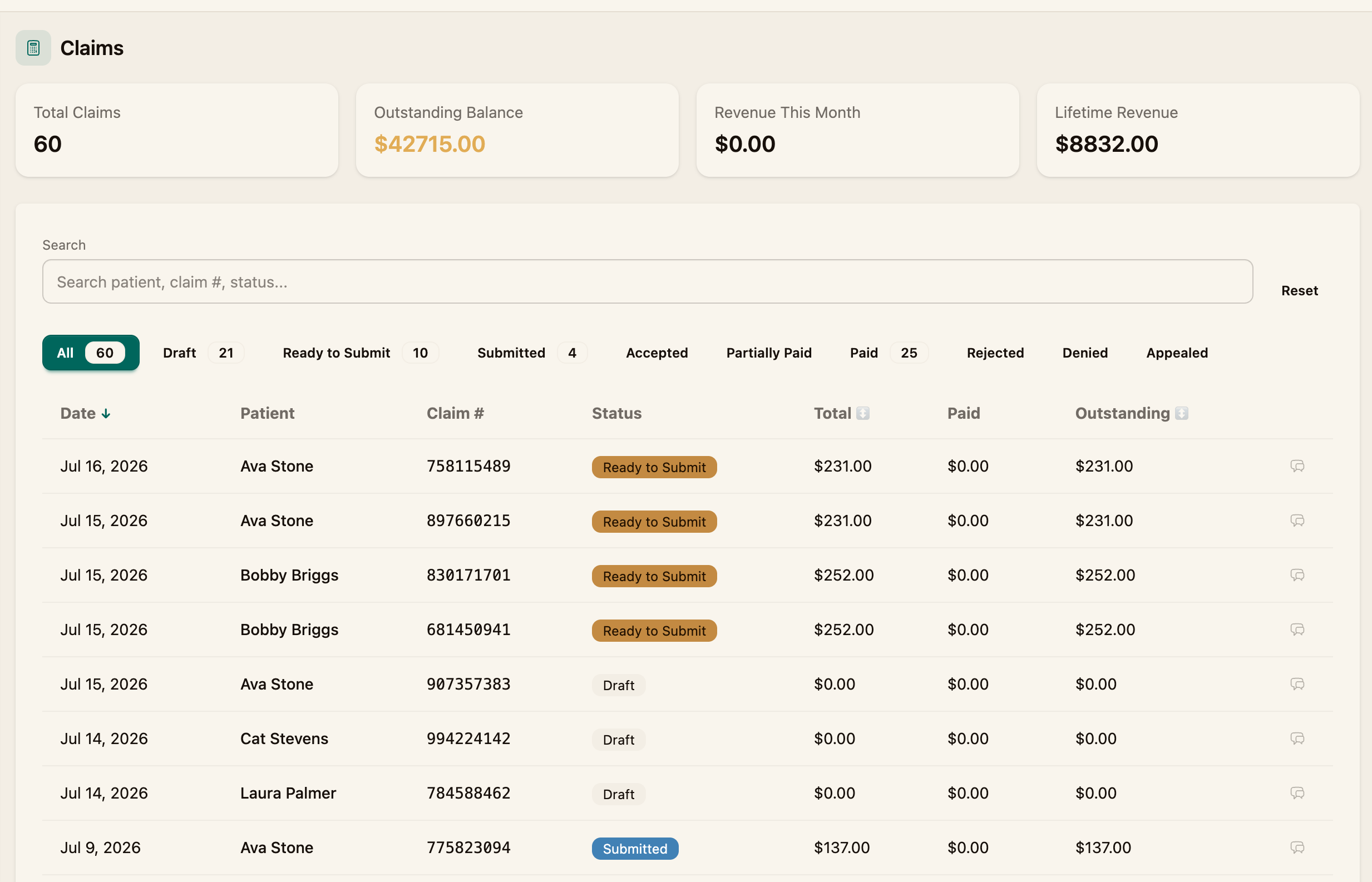The Claims page with the summary tiles and the claim list