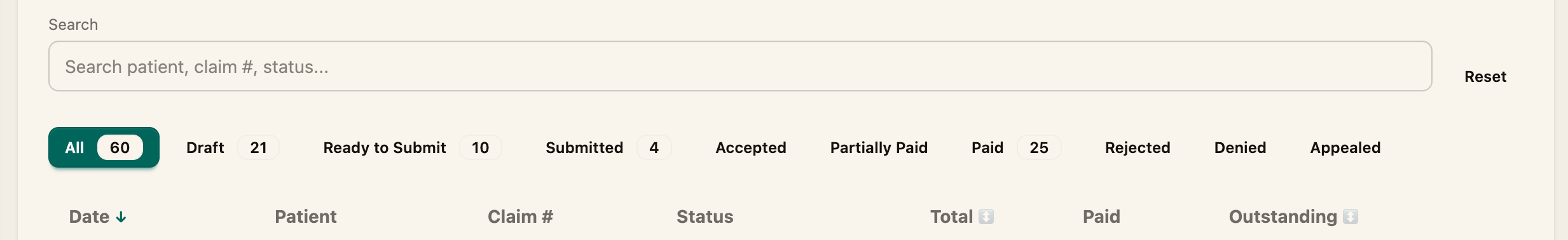 The status filter tabs on the Claims page