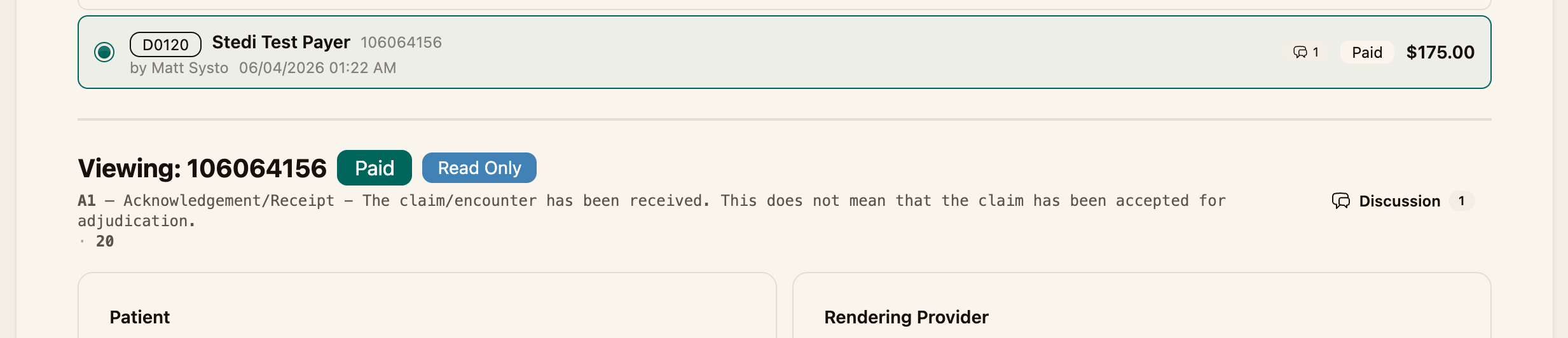 A submitted claim showing its acknowledgement message and the Check Claim Status button