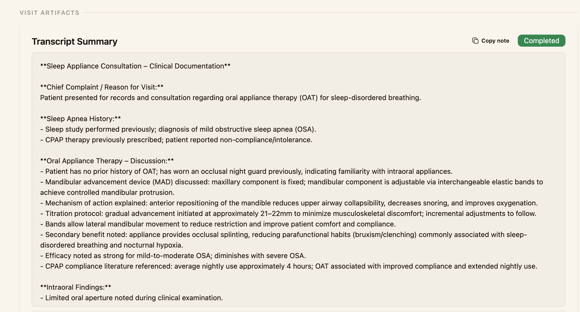 The Transcript Summary under Visit Artifacts