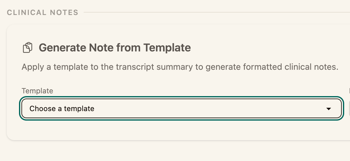 The Template dropdown with the list of note templates