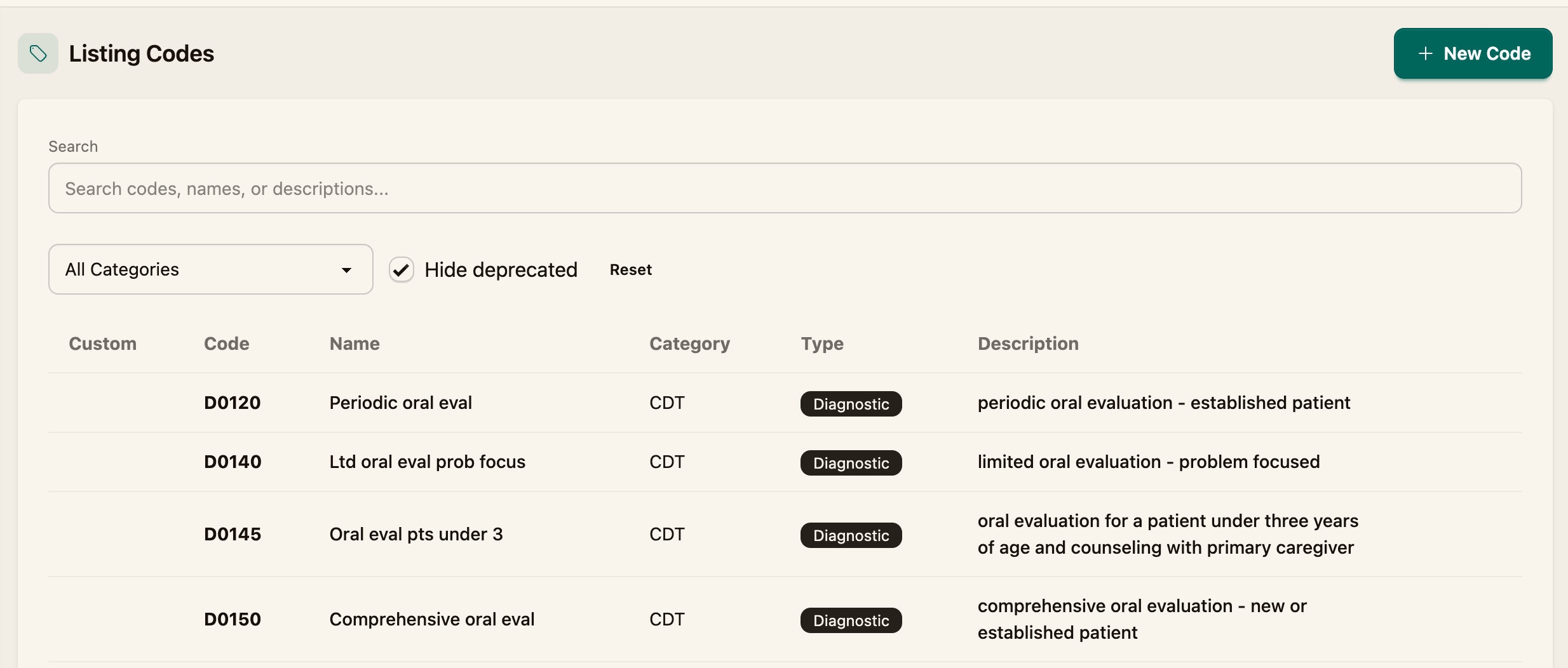 The Procedures and Codes list with search and category filters