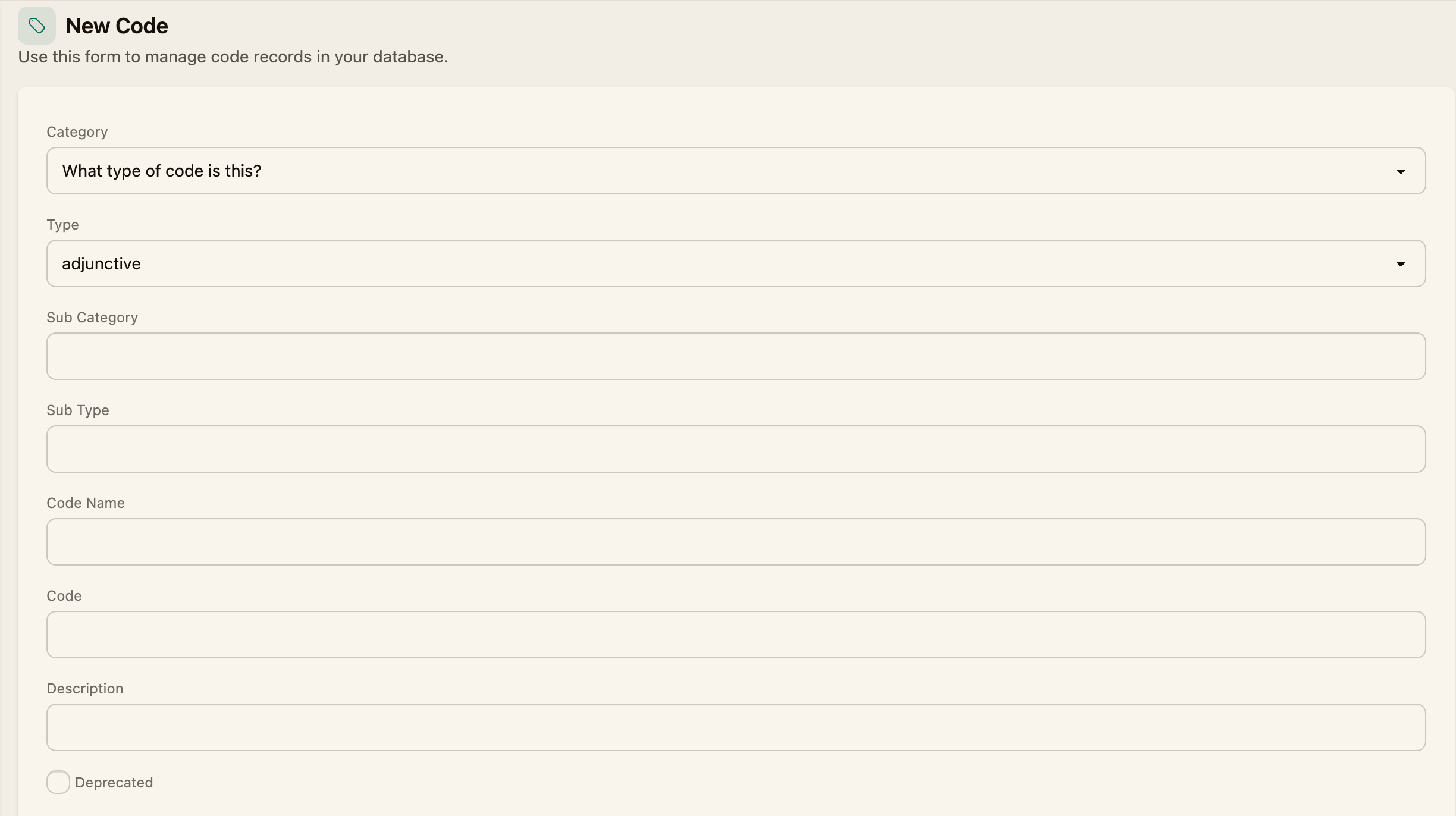 The New Code form fields