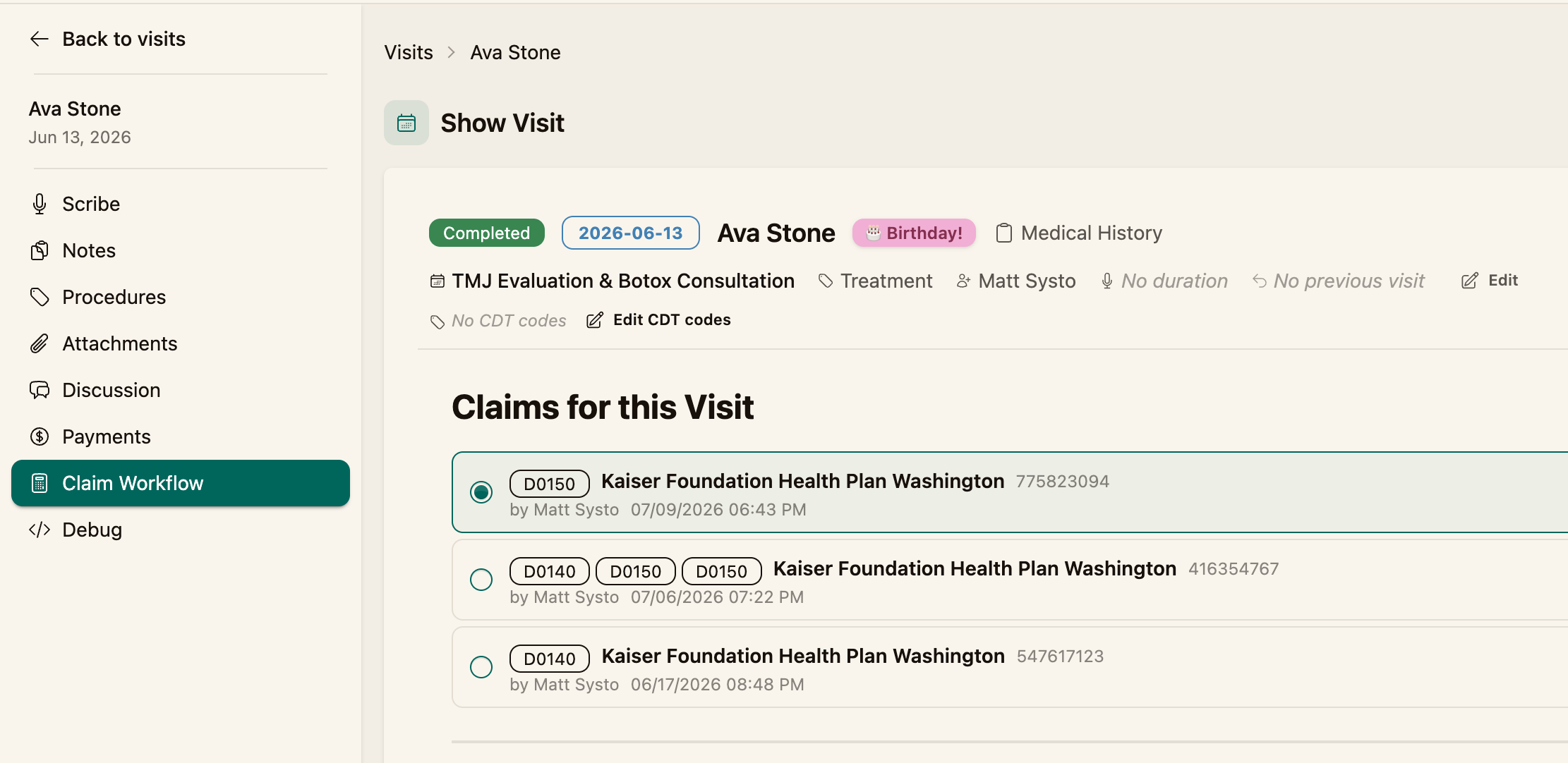 The Claim Workflow tab showing Claims for this Visit