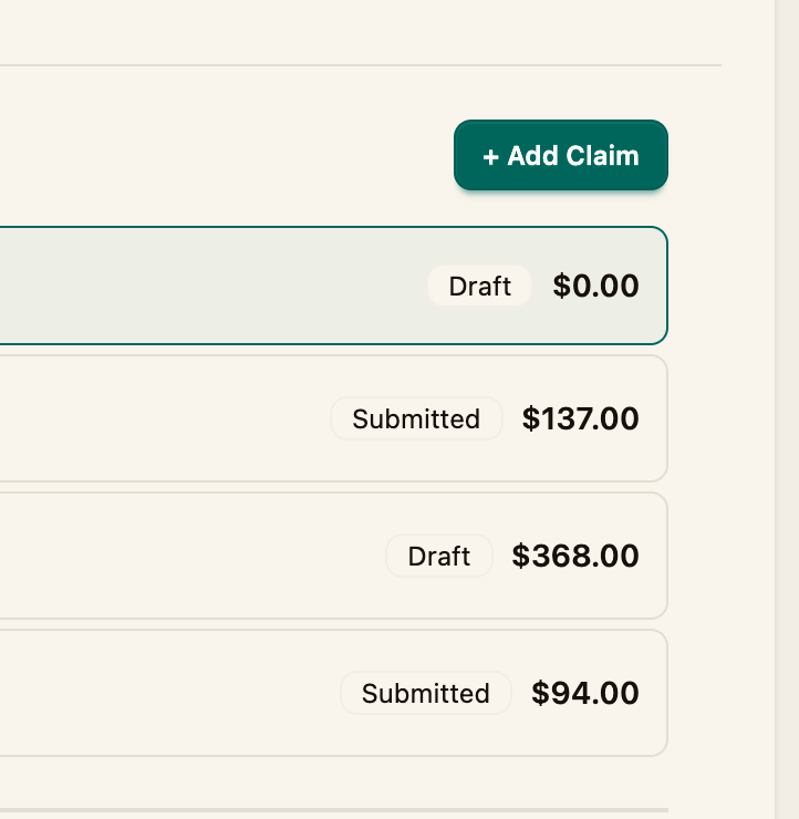 The + Add Claim button and a newly created draft claim