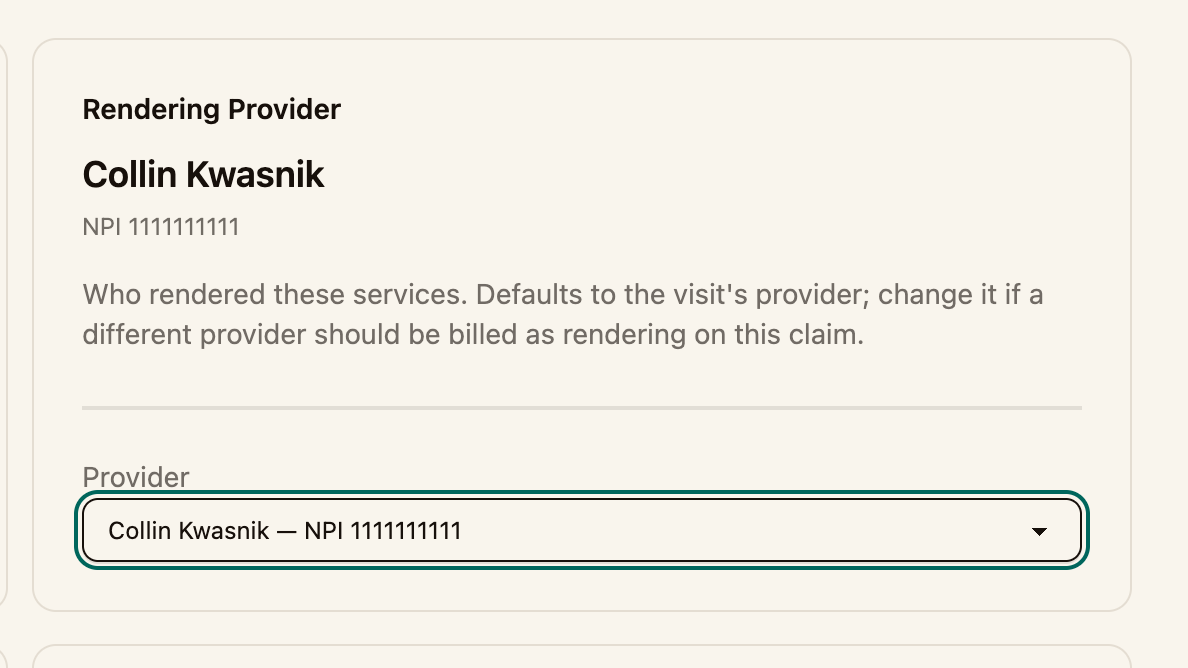 The Rendering Provider dropdown