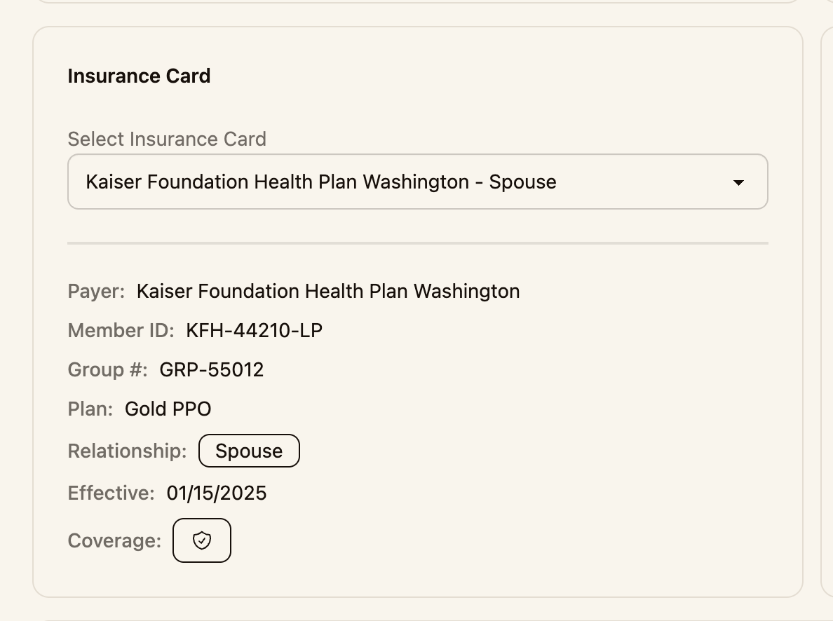 The Insurance Card selector with the payer details populated