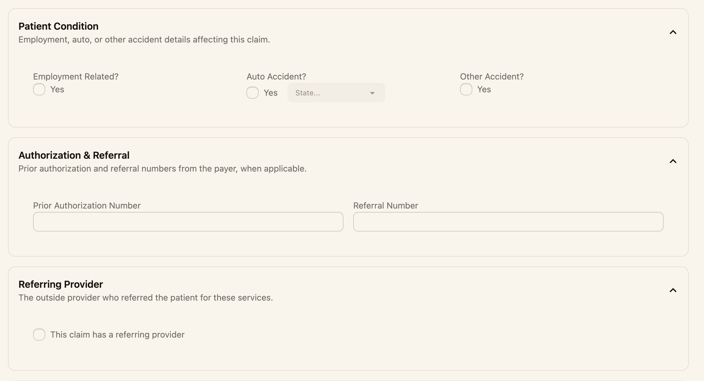 The Patient Condition, Authorization and Referral, and Referring Provider sections