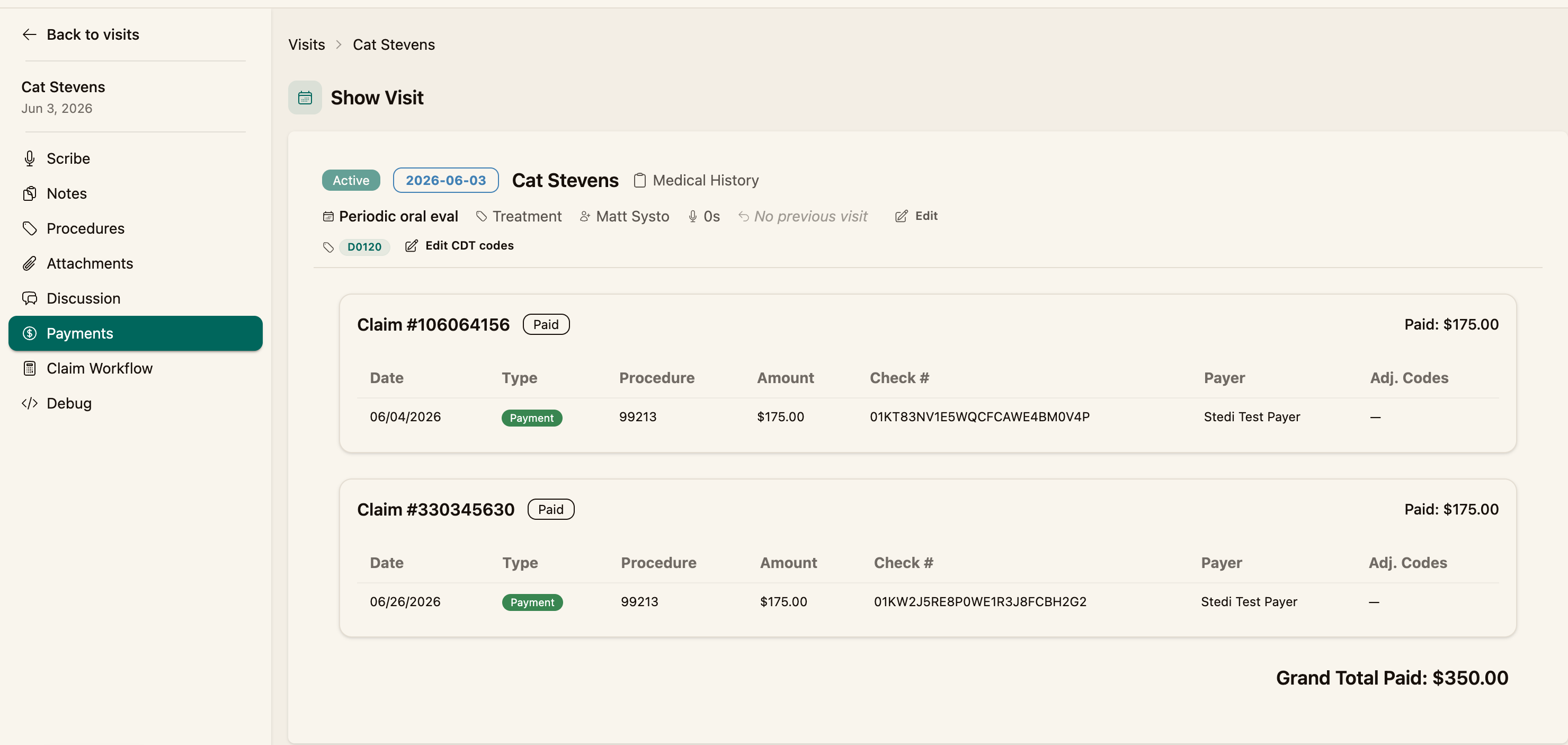 The Payments tab showing the ERA with the denial reason