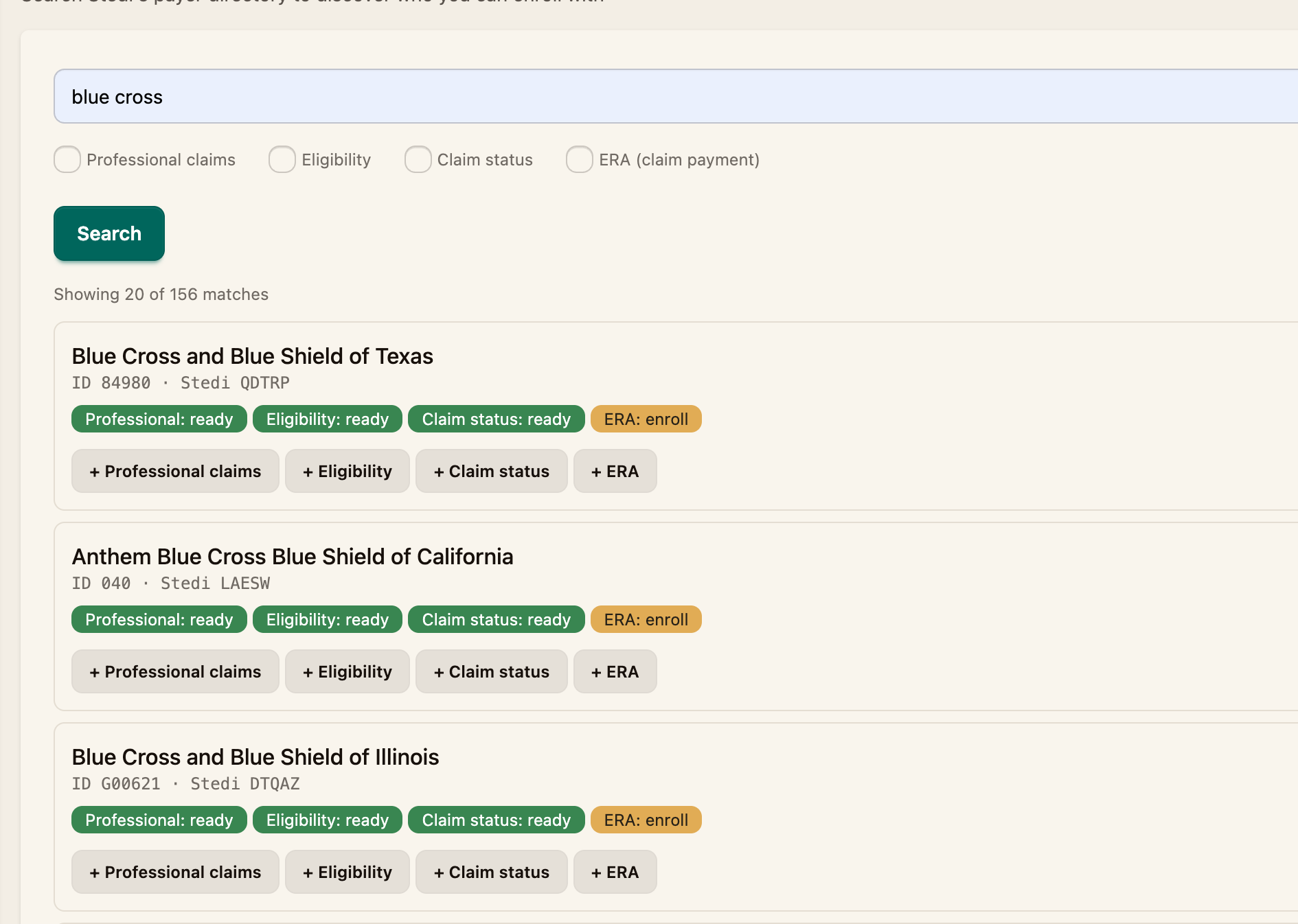 The Find a payer search with the transaction-type options