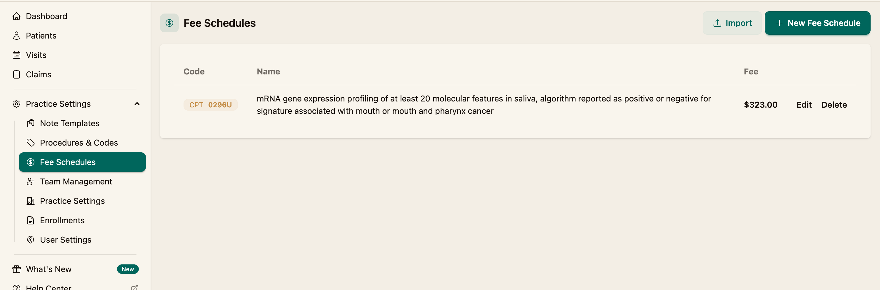 The Fee Schedules page with the Import and New Fee Schedule buttons