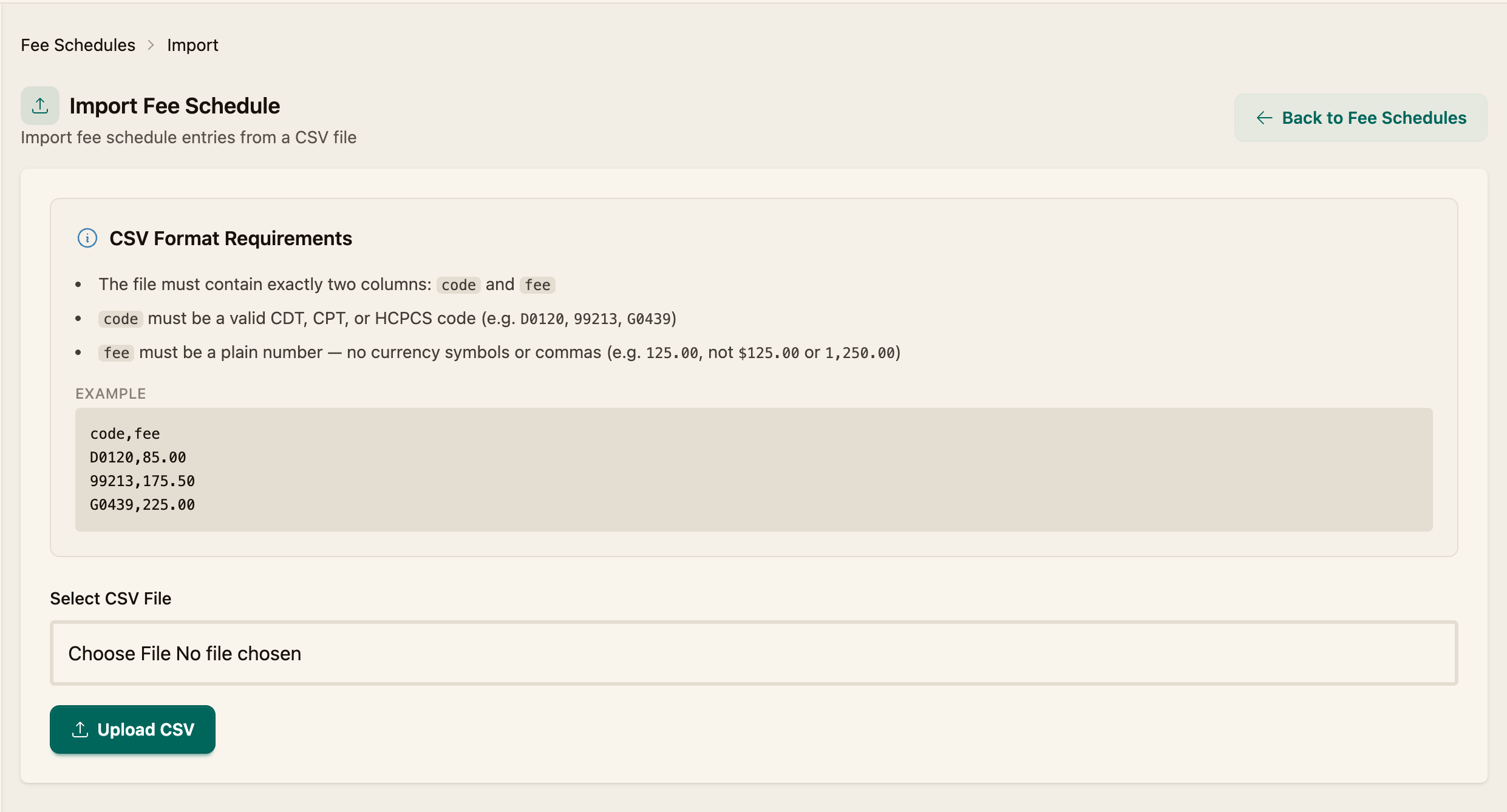The Import Fee Schedule page with the CSV format requirements