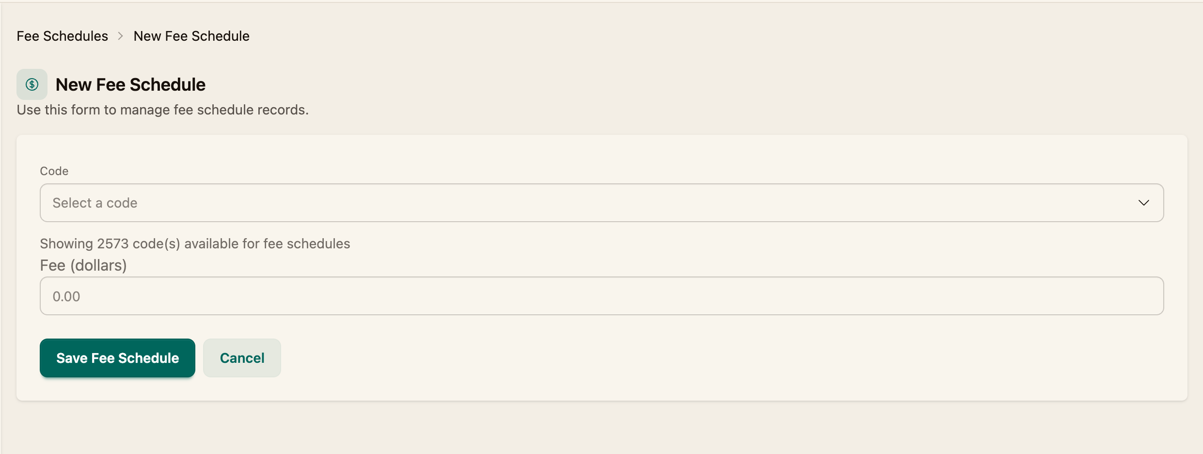 The New Fee Schedule form with the Code and Fee fields