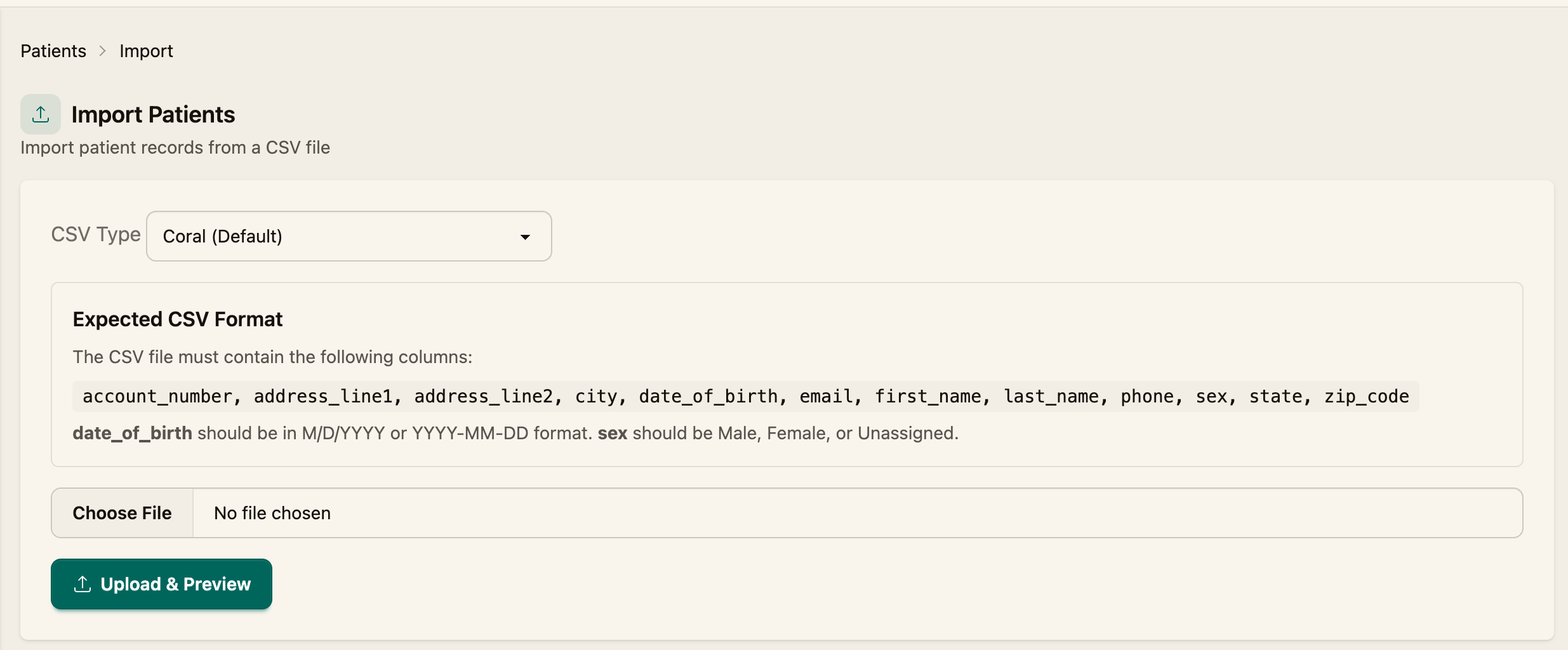 The Import Patients page showing the CSV Type selector, the expected CSV format, and the Upload and Preview button
