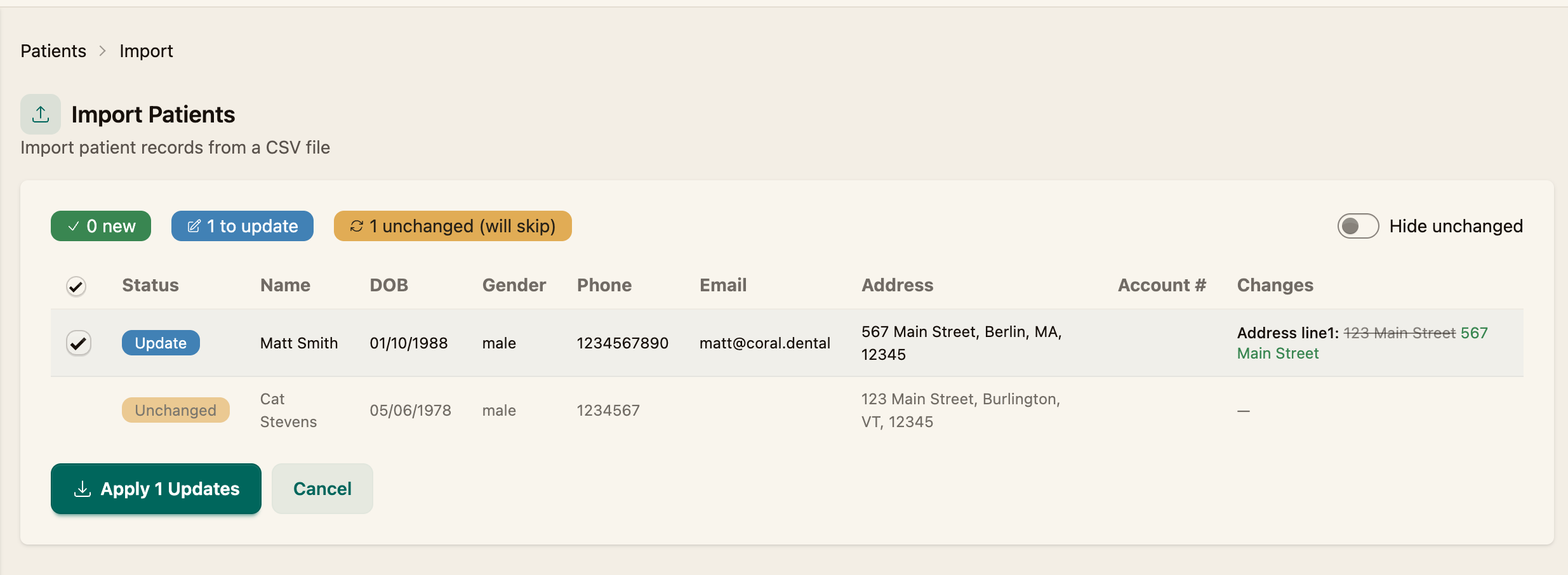 The import preview showing a row labelled Update with the changed address field, alongside an unchanged row that will be skipped
