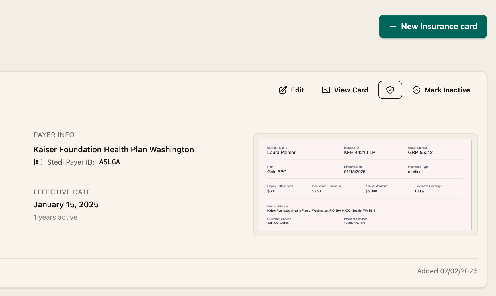 The patient's Insurance Cards page with the New Insurance card button