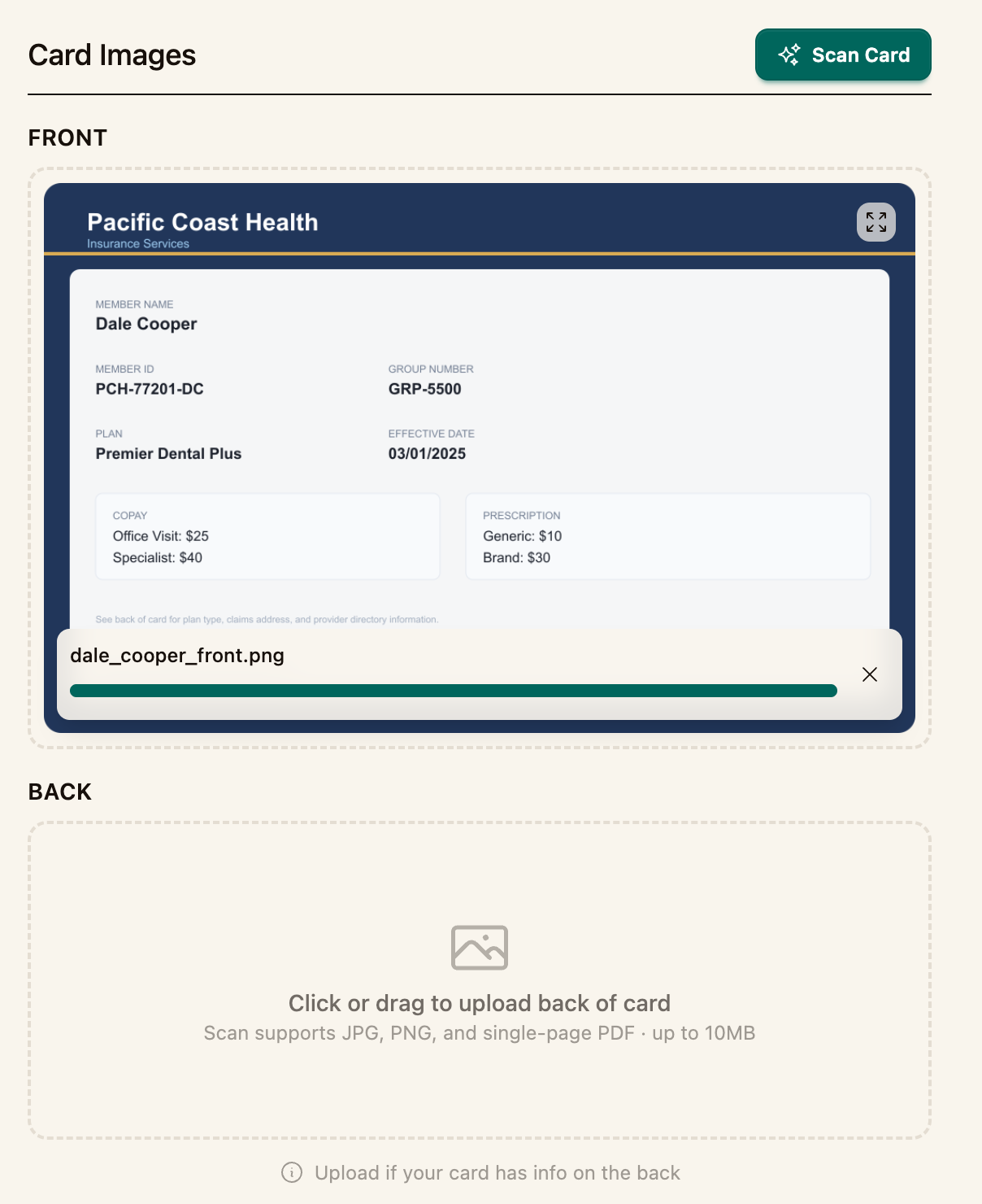 The front and back upload zones and the Scan Card button
