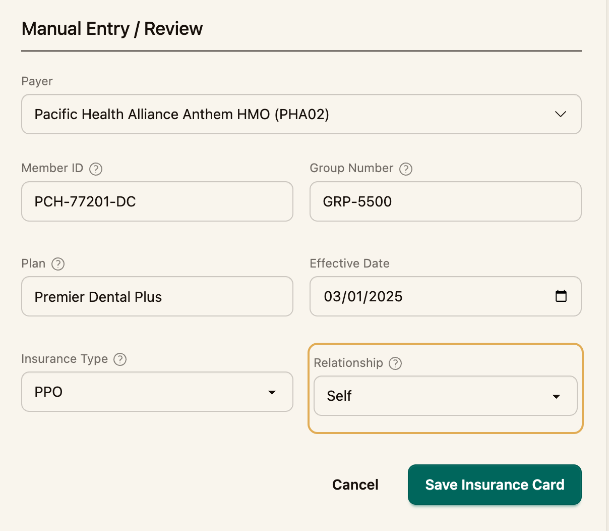 The Manual Entry / Review fields
