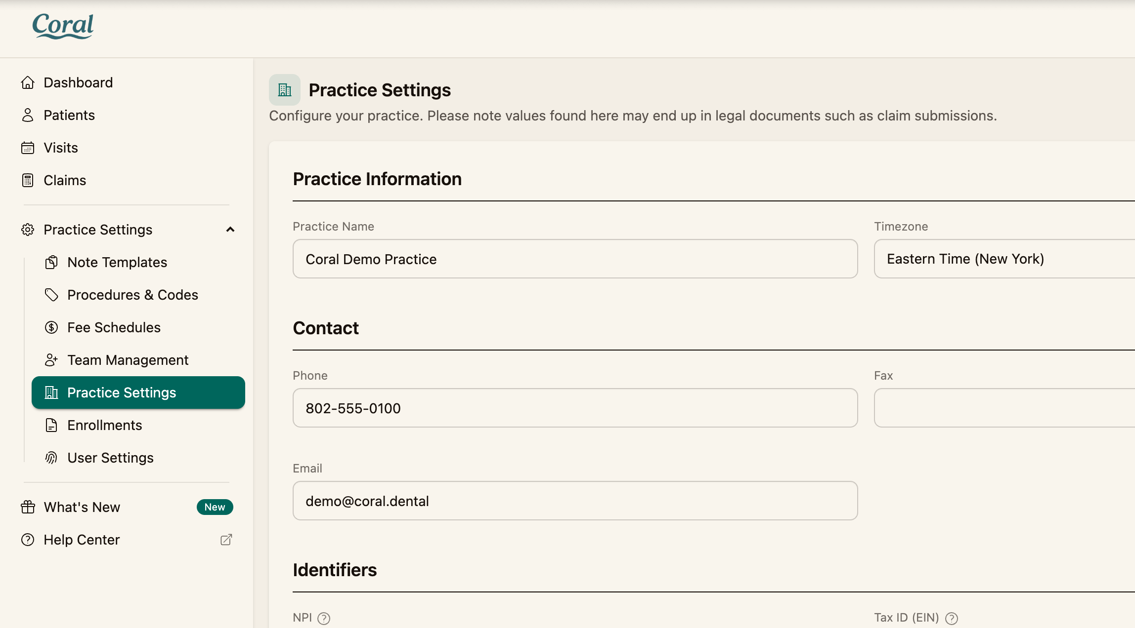 The Practice Settings page