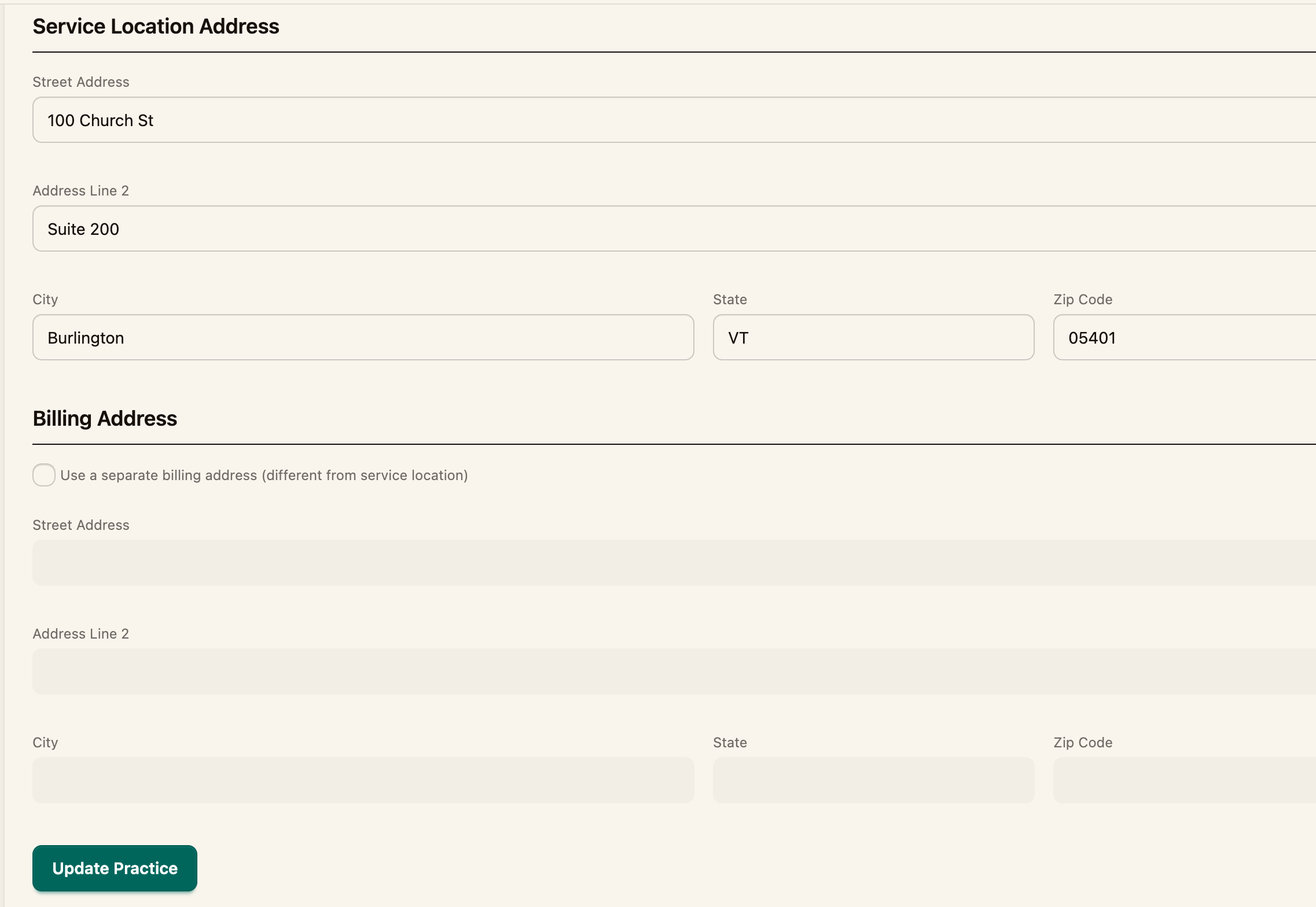 The Service Location and Billing Address sections