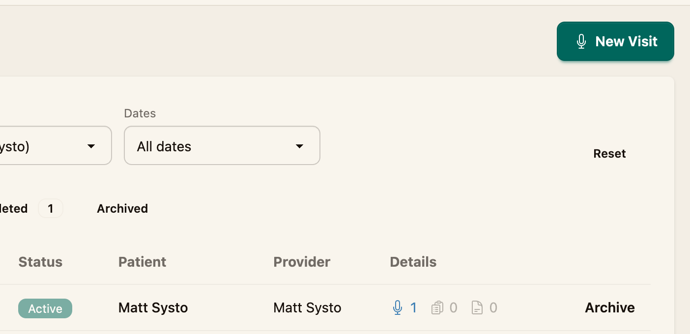 The Visits list with the New Visit button