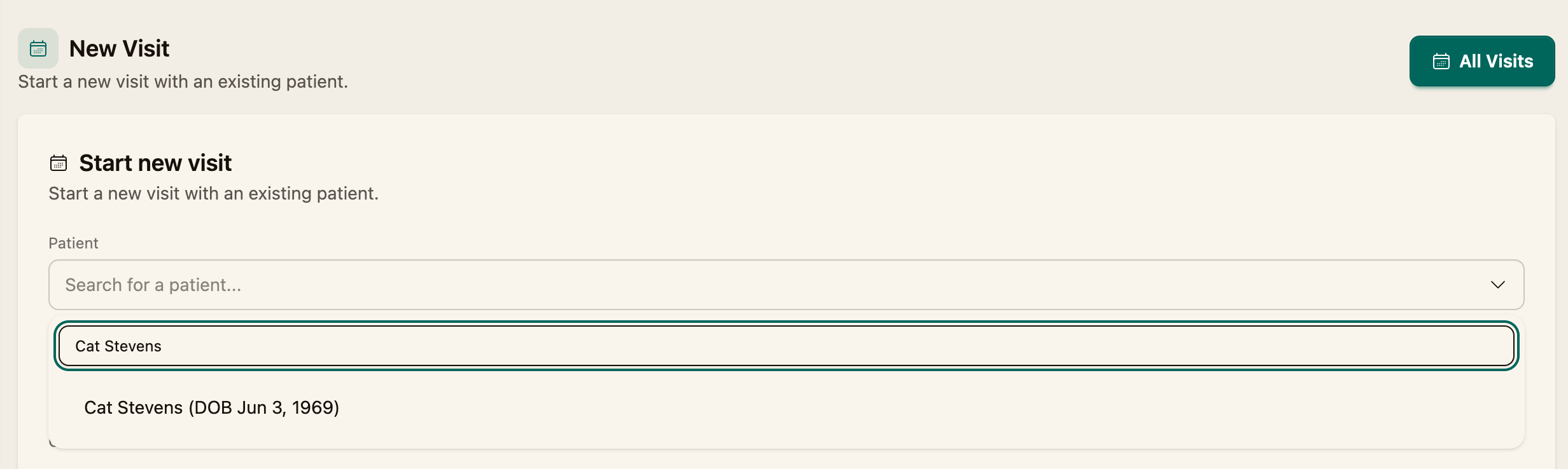 The patient search field on the New Visit form