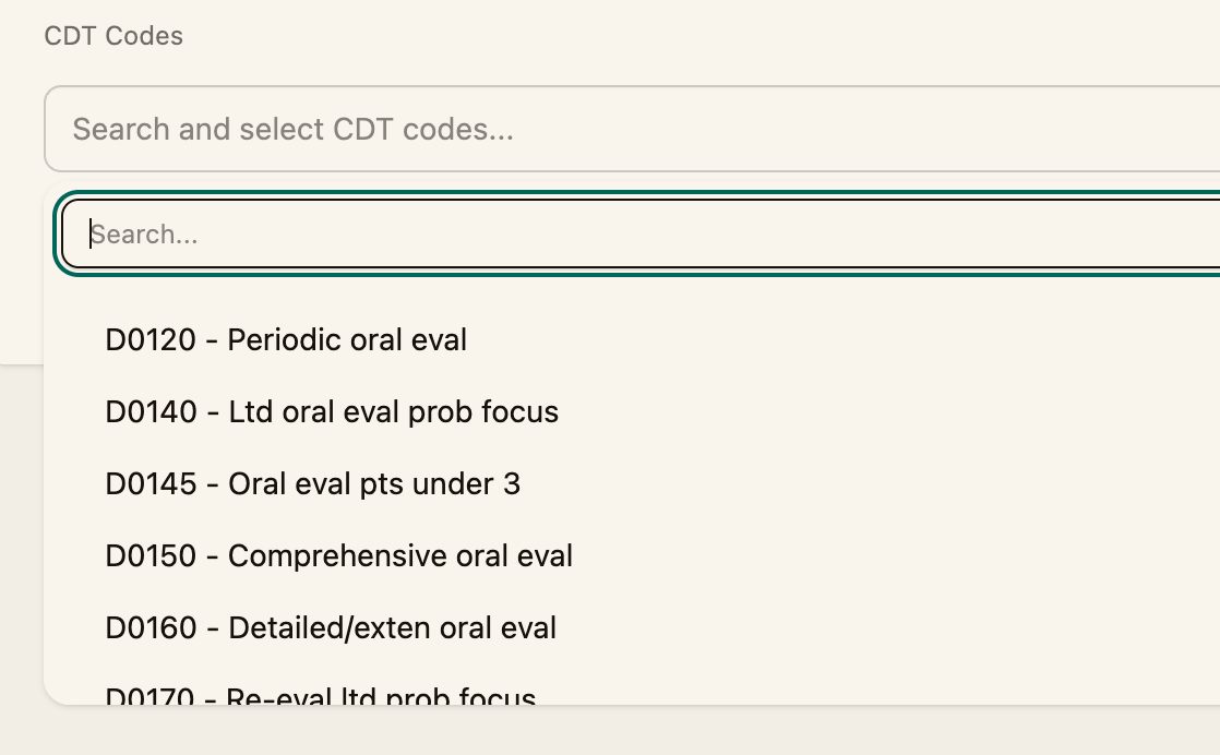 The CDT Codes search field