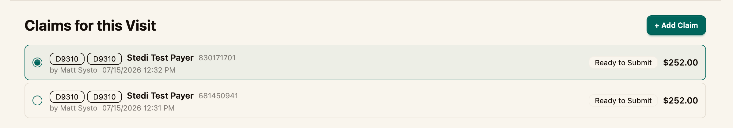 A claim on the Claim Workflow tab marked Ready to Submit