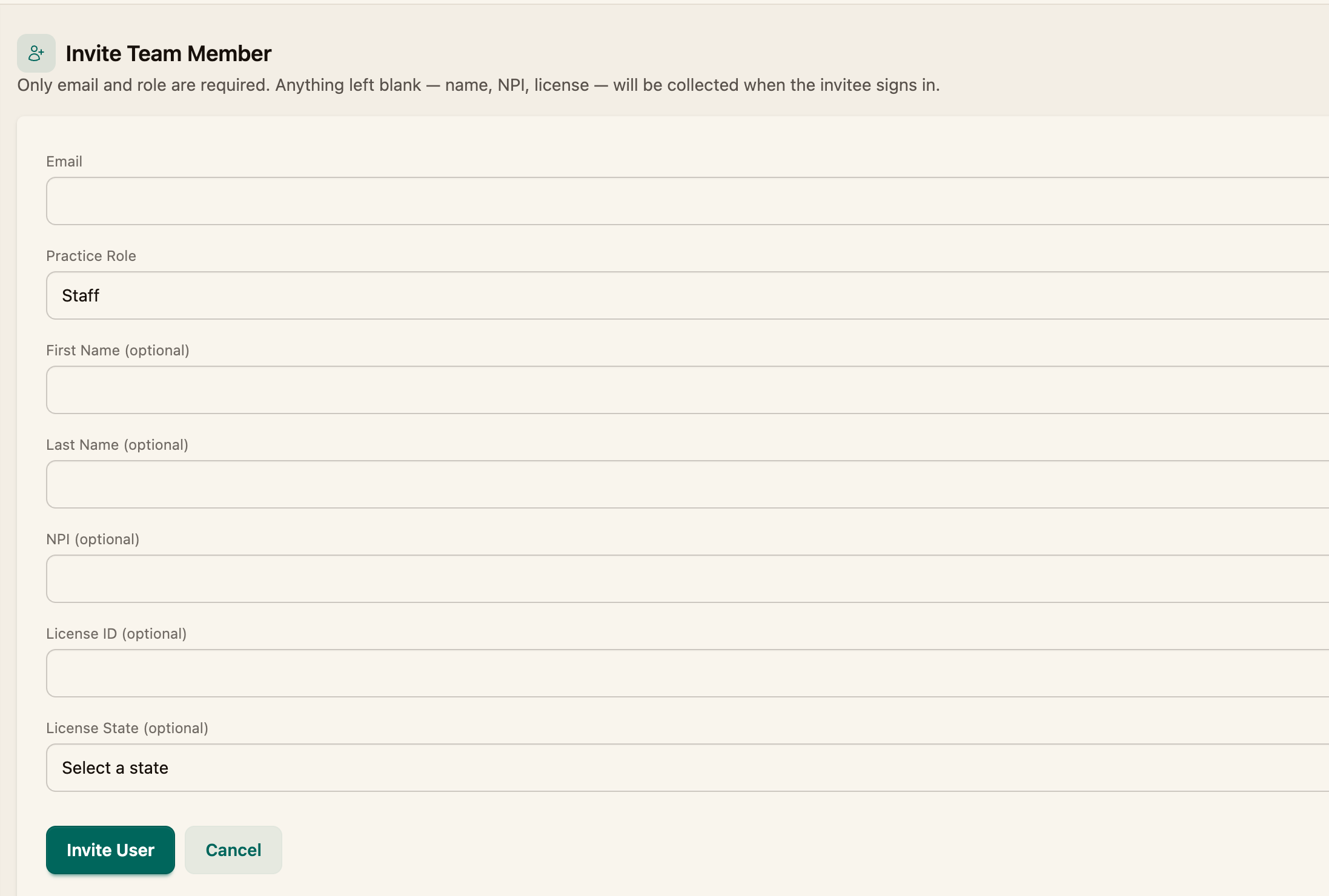 The invite form with the Email and Role fields
