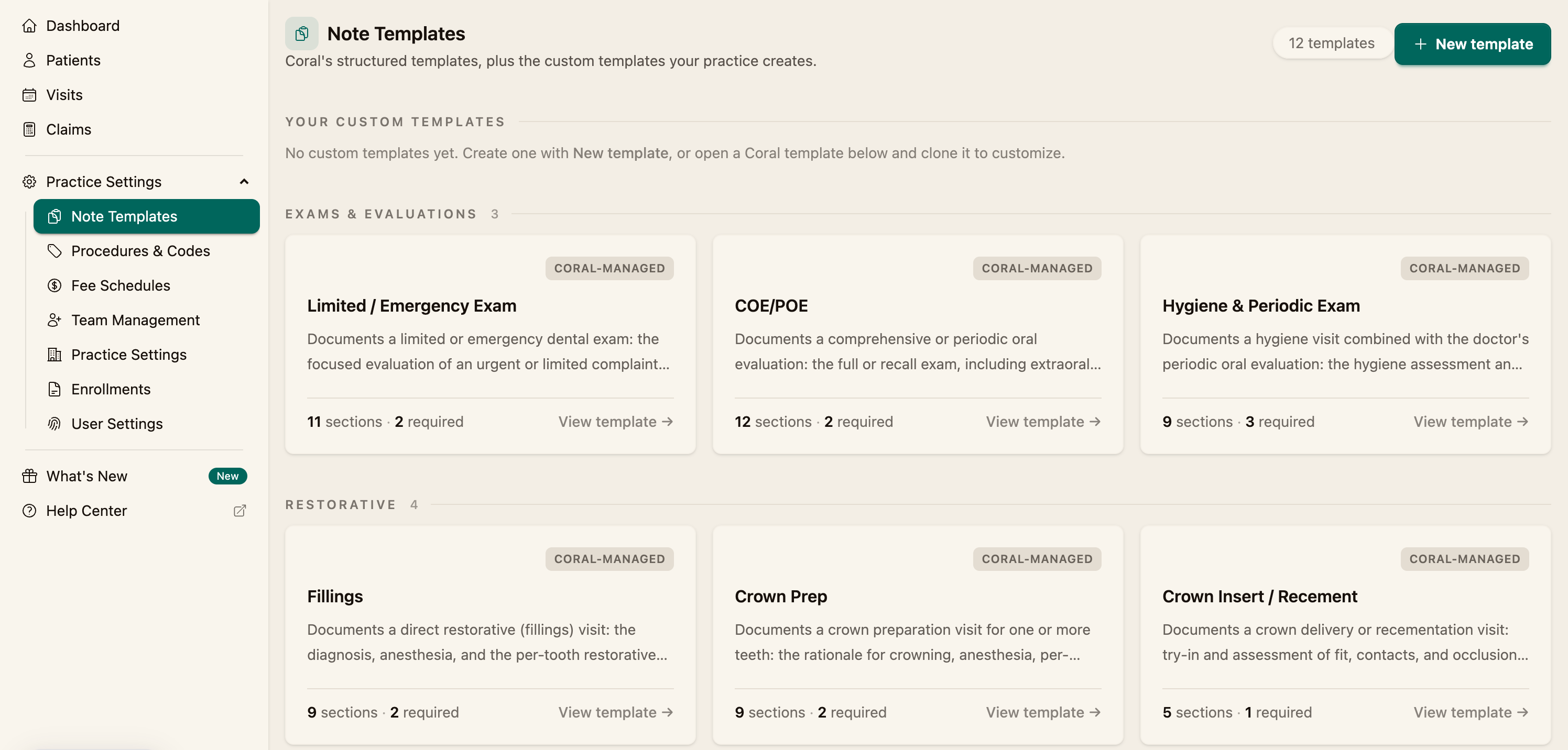 The Note Templates page with the Coral-managed templates