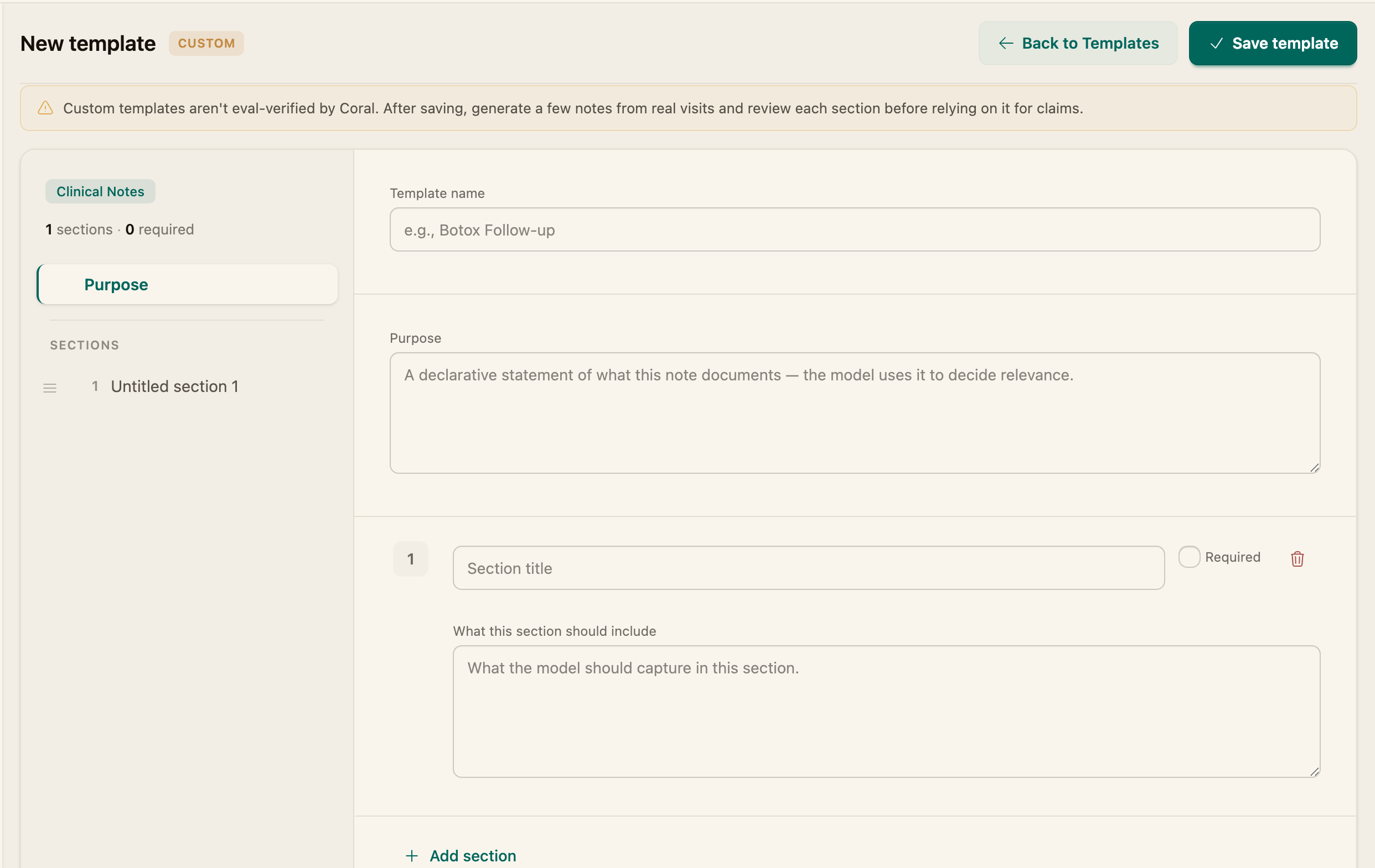 The template editor showing the name, purpose, and sections