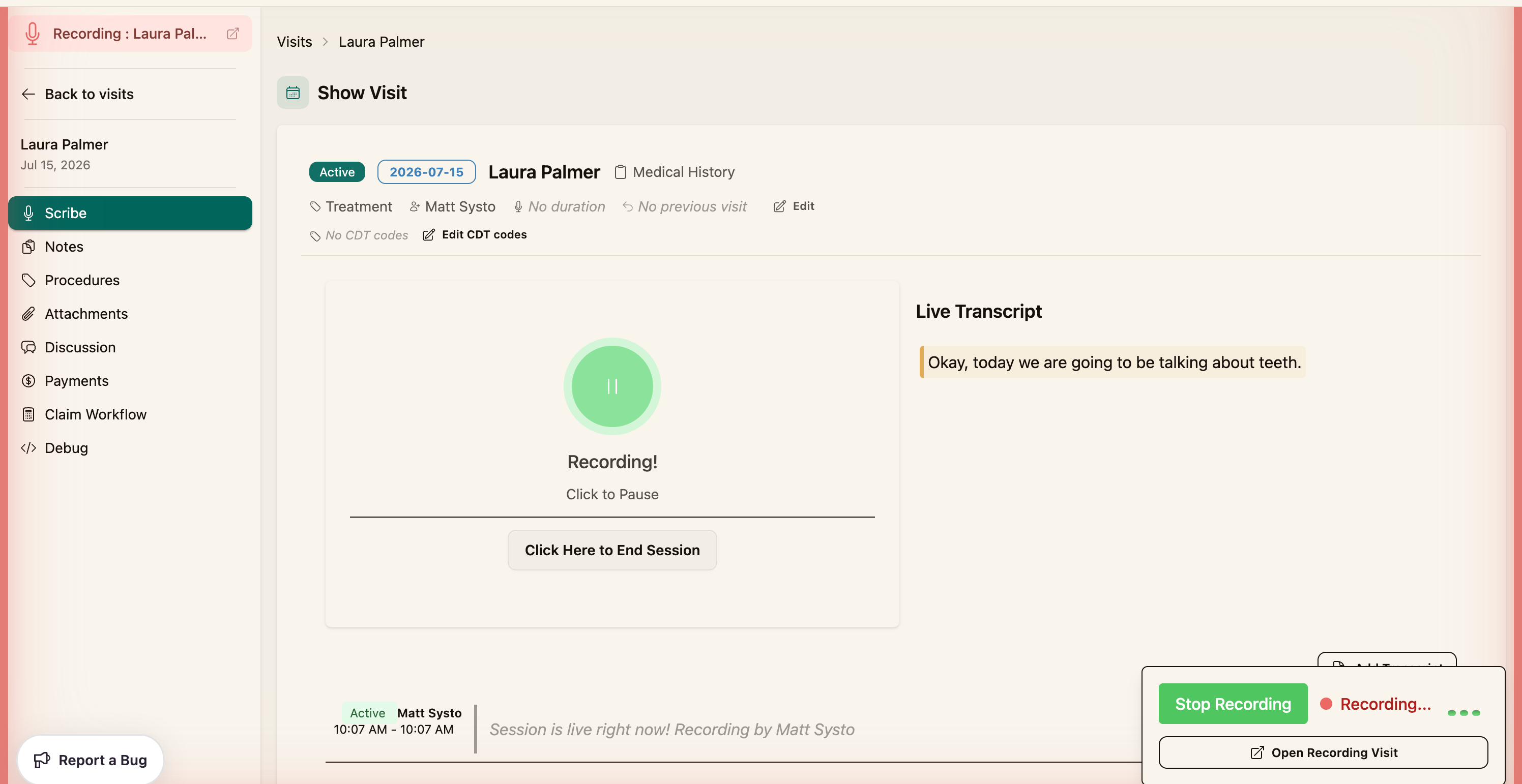 The microphone button labeled Ready to Transcribe / Click to Record, with the Live Transcript panel alongside it