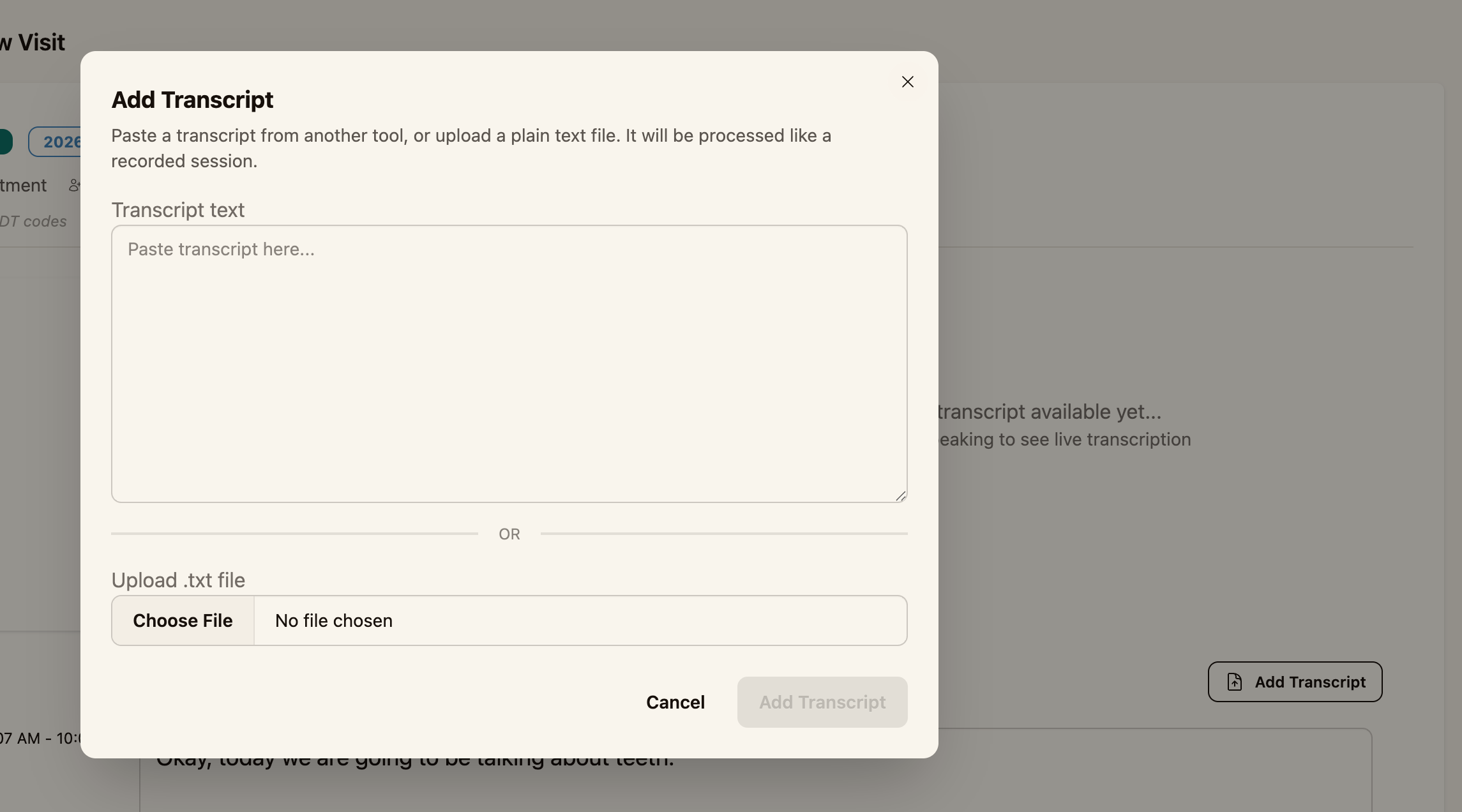The Add Transcript dialog showing the paste box and the .txt file upload option