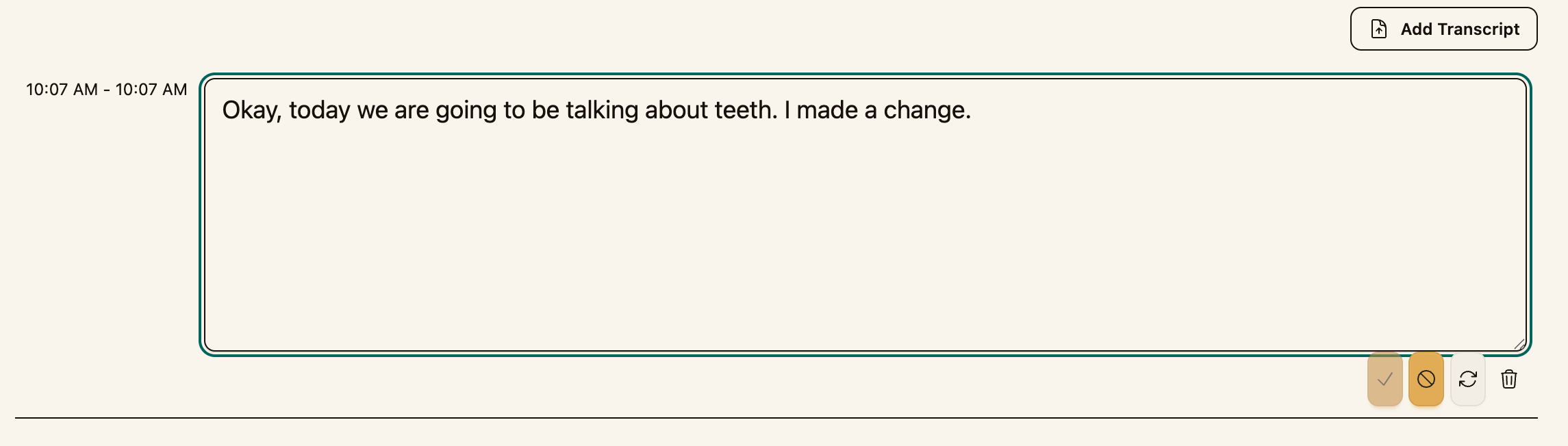 A transcript segment with its Save / Cancel / Reset / Delete controls highlighted