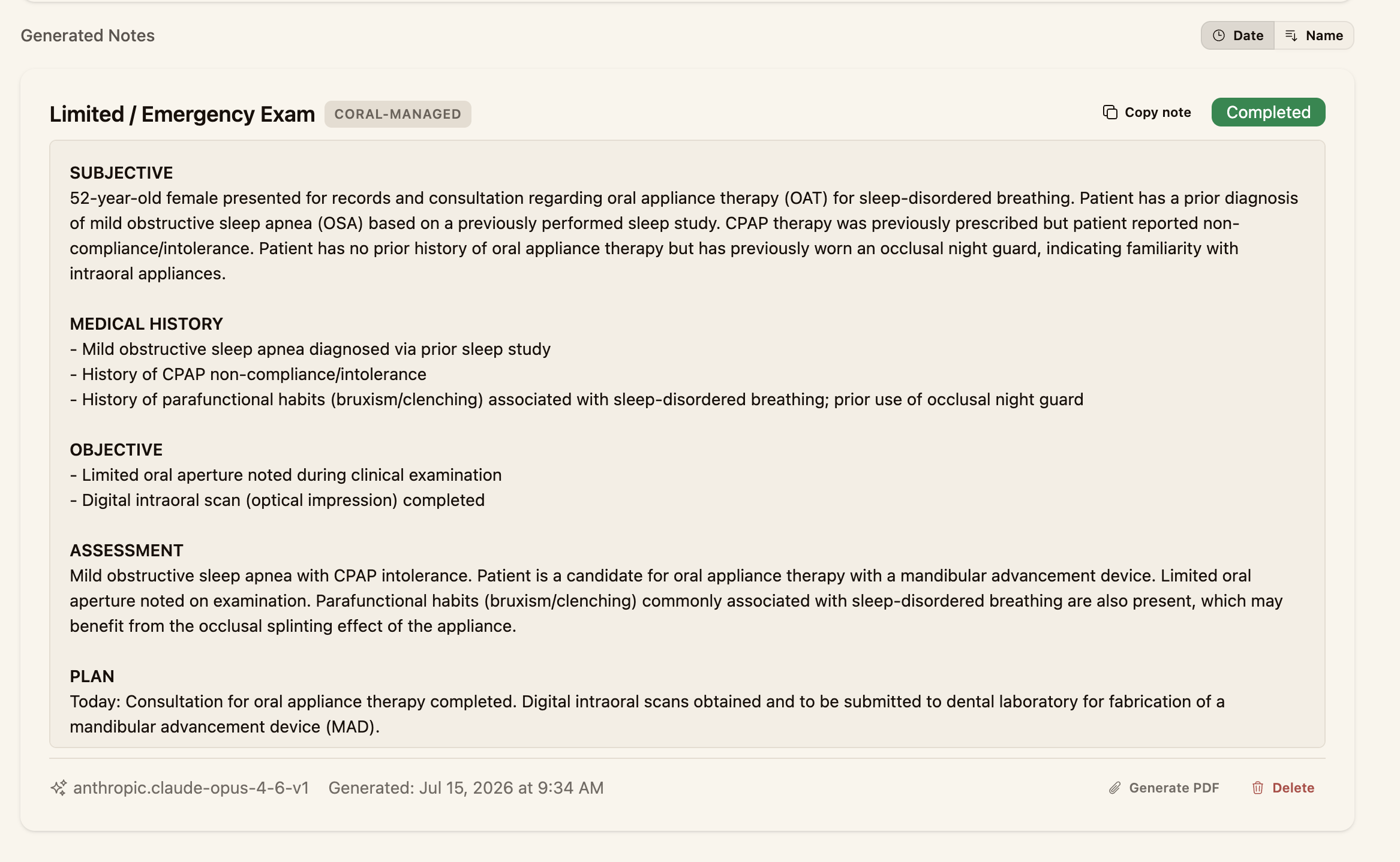 A generated clinical note with the Copy note and PDF options